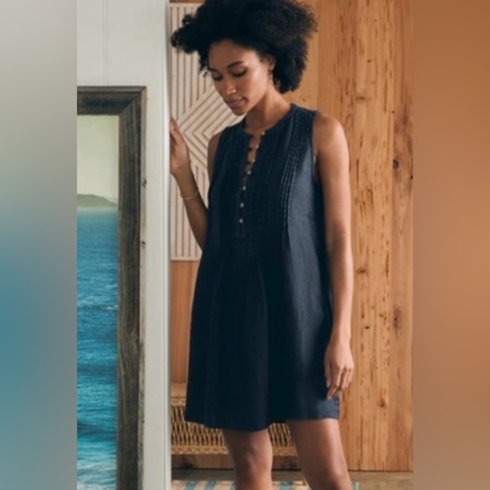 NWT Faherty Isha Linen Shift Mini Dress In Washed Black, Sleeveless, Summer, M